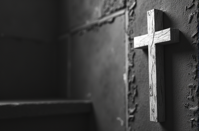 A weathered wooden cross mounted on a textured wall in a dimly lit, monochromatic setting.