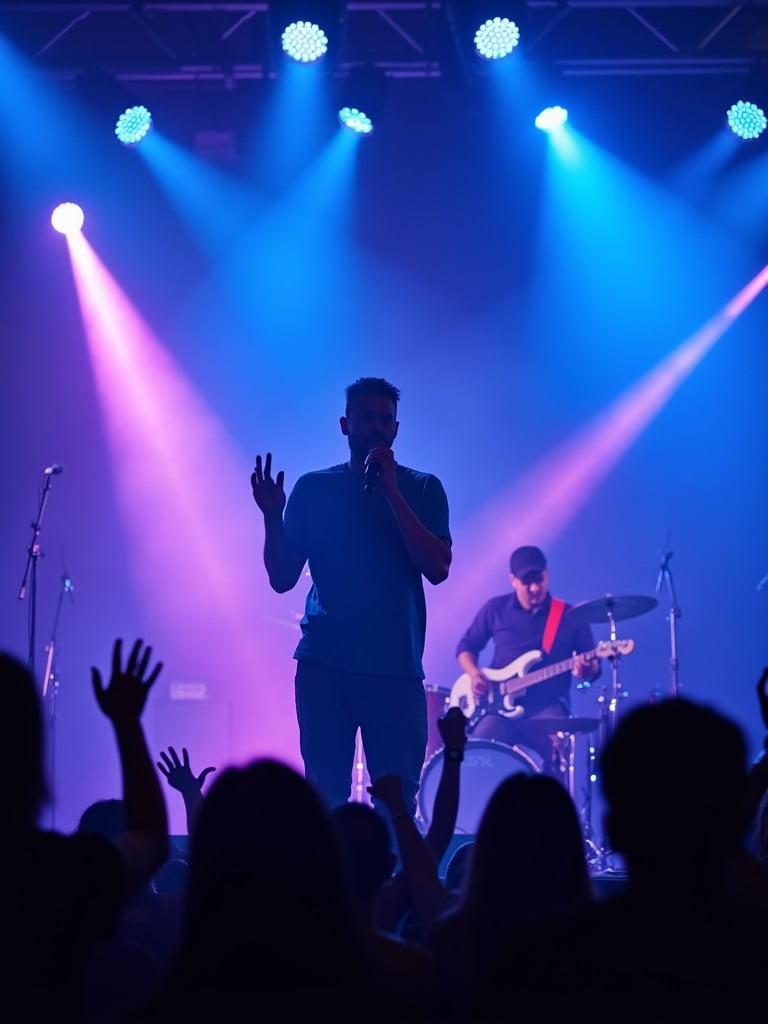 Dynamic concert scene with singer performing on stage. Vibrant blue and pink lights illuminate the singer. The drummer is positioned behind. Audience members enthusiastically raise hands creating lively atmosphere.