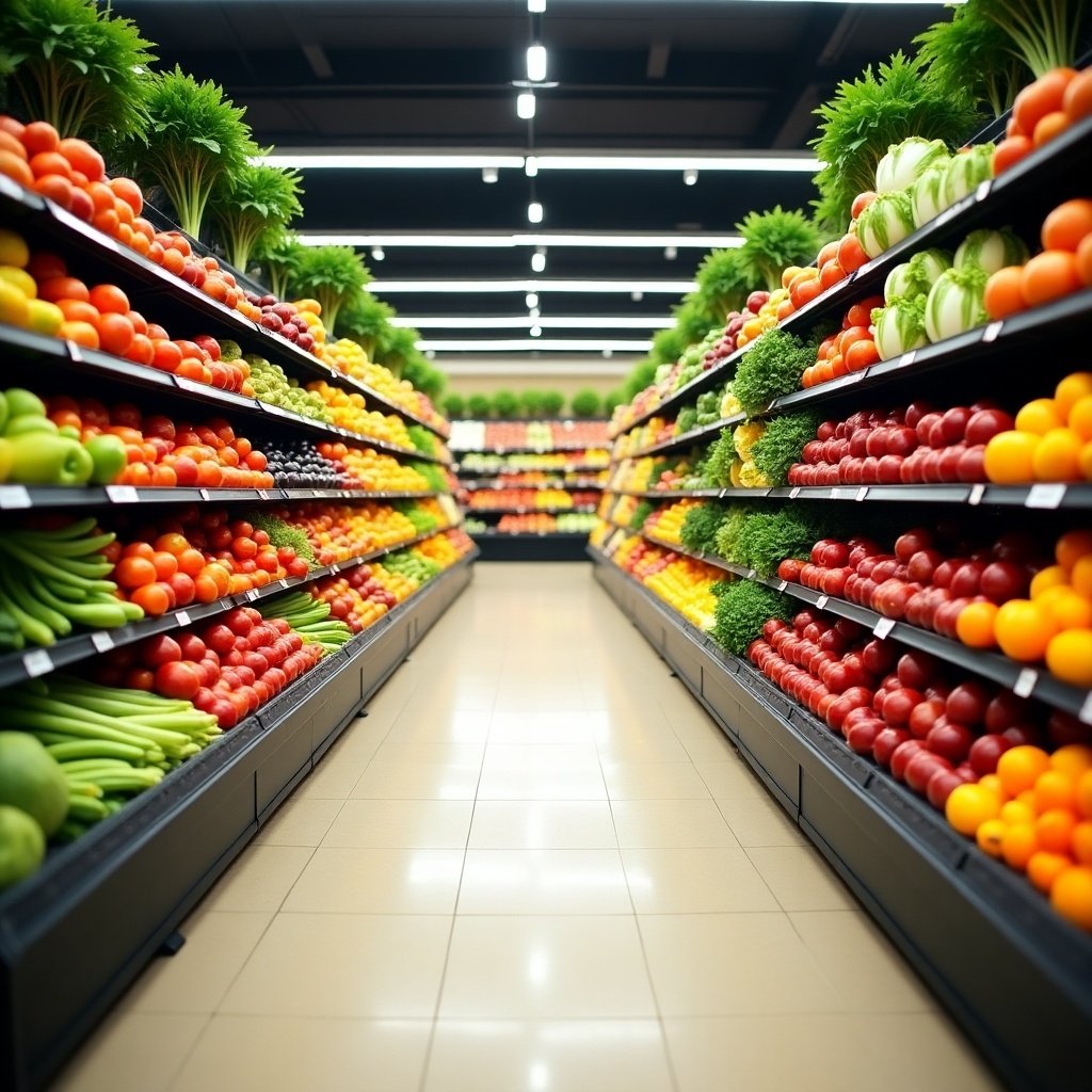 A front view of a grocery store aisle filled with an abundance of vegetables and fruits. Brightly colored produce is neatly arranged on shelves. Vivid greens, reds, yellows, and oranges create an appealing visual. Bright lighting enhances freshness. A clean tiled floor leads the eye down the aisle.