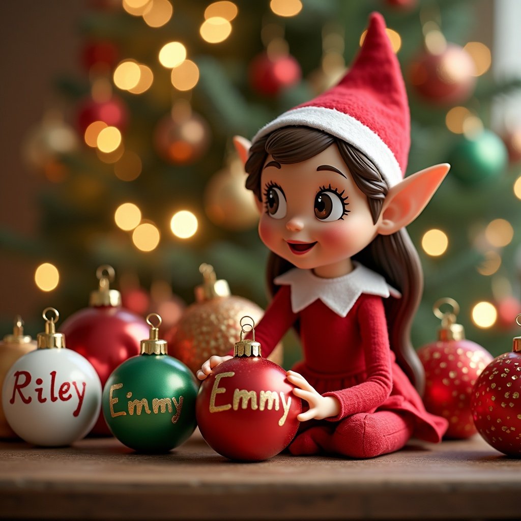 Elf character dressed in red arranging Christmas baubles. Baubles have names Riley and Emmy. Background features soft Christmas lights. Scene shows holiday joy and personalization.