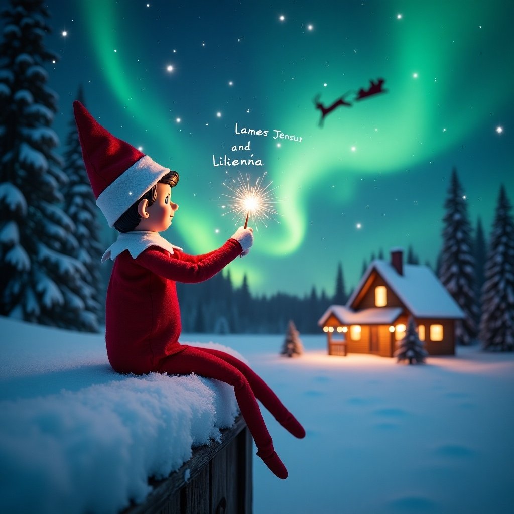 Elf on the shelf faces the sky. Elf holds a wand. Names written in the air. Northern lights glow in the background. Santa flies in the sky above a cozy cabin.