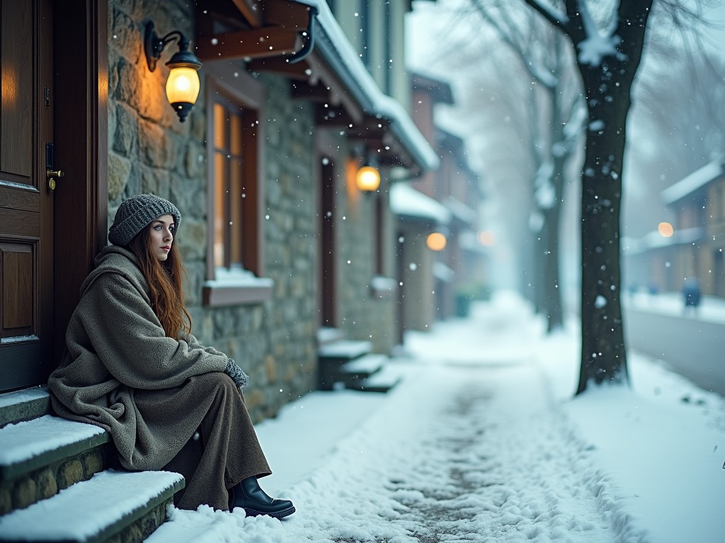 A young woman sits wrapped in a thick blanket on the steps of a stone house during a gentle snowfall. She gazes thoughtfully into the distance, surrounded by the tranquil ambience of a snow-covered street lined with bare trees and glowing lanterns. The scene evokes feelings of solitude and quiet contemplation amidst a serene winter landscape.