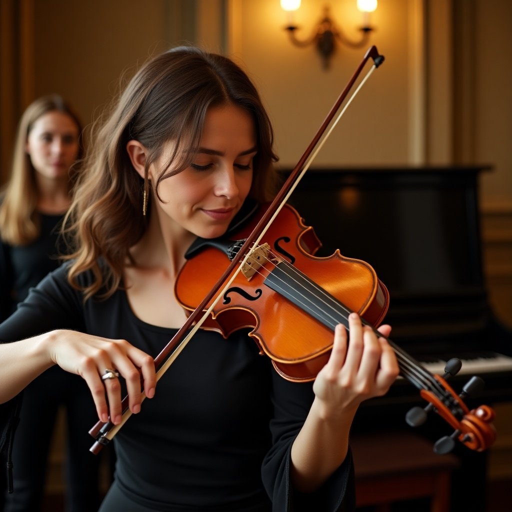 Close-up portrait of a woman playing a violin inside a music studio. A piano is visible in the background. The scene captures masterful technique and expression in music performance.