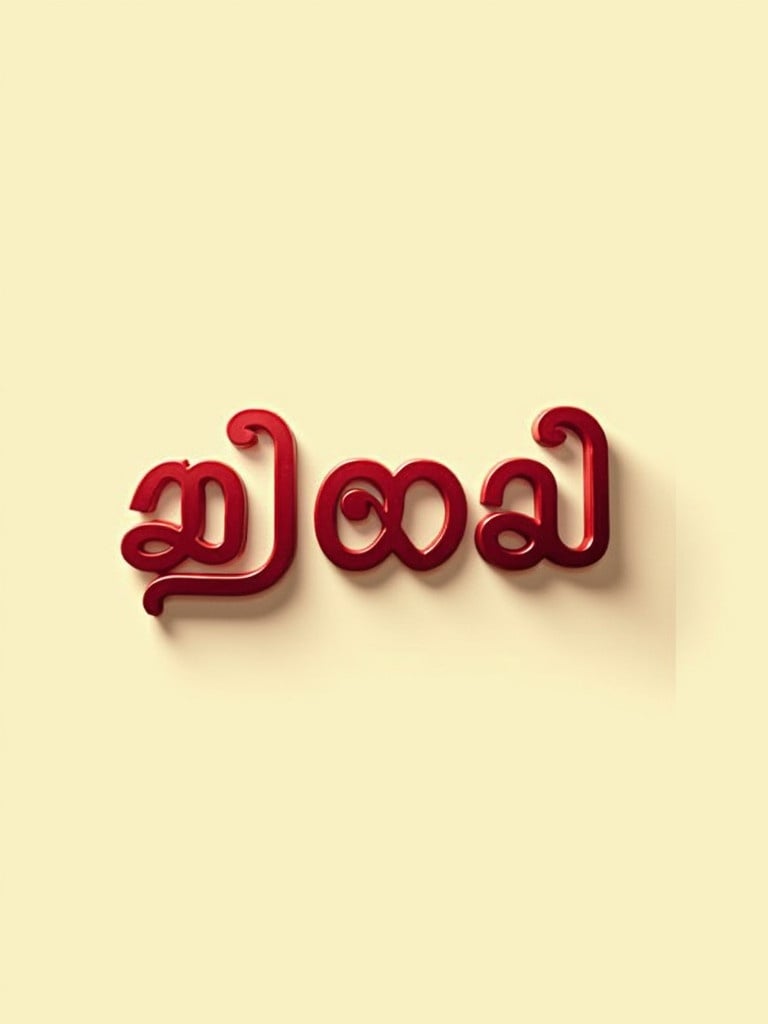 Cinematic styled font features Malayalam word. Deep red color used. Light cream backdrop enhances visual appeal. Subtle shadows and highlights add depth. Gentle warm lighting creates ambiance. Represents Malayalam script beauty with cinematic feel.