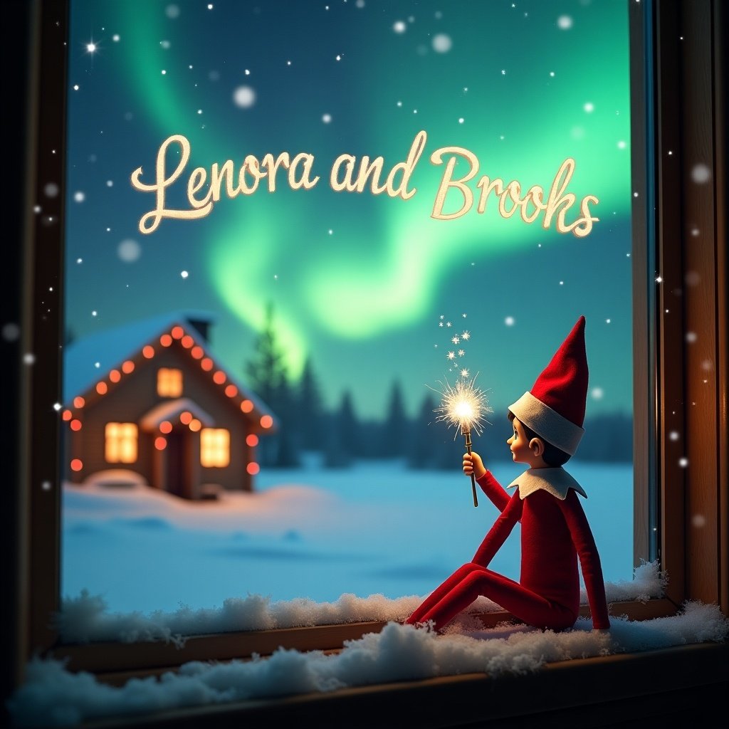 Image features Elf on the Shelf on a window ledge. Elf gazes at northern lights. Elf wears a classic red outfit. Outside, snowy landscape with vibrant aurora borealis. Soft snowflakes enhance scene. Cozy and whimsical mood, holiday theme. Elf holds wand enchanting sky. Text reads 'Lenora and Brooks'. Cabin radiates warmth.