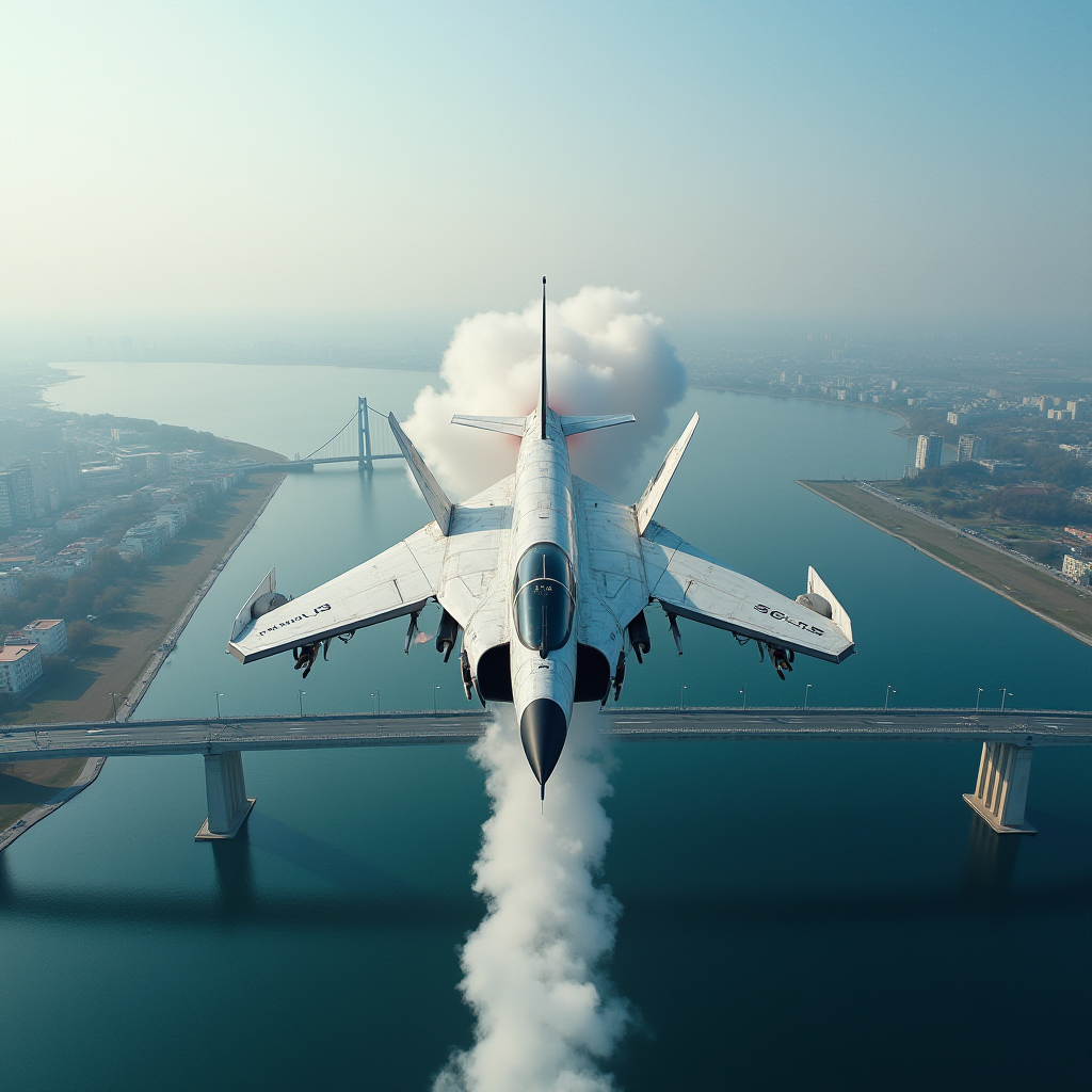 A jet soars above a city bridge, trailing a plume of smoke against a clear sky.