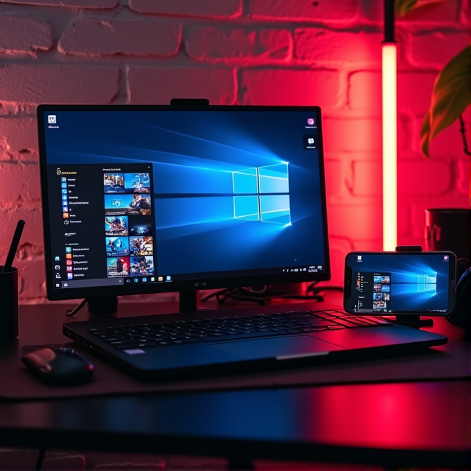 A computer and phone display the same Windows interface, set in a room with red lighting.