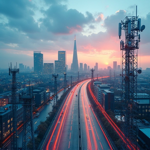 A high-angle view of a sunset city skyline. Illuminated highways with red and white light trails. Skyscrapers including a prominent tower. Communication towers line the sides. The atmosphere is urban and technological.