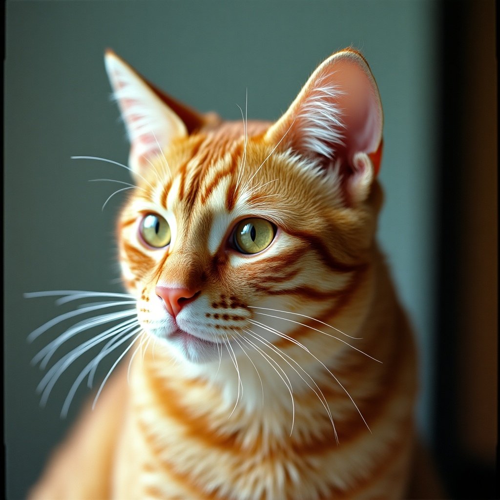 Photo of an orange cat showcasing its features. Kodak Portra 400 film style.