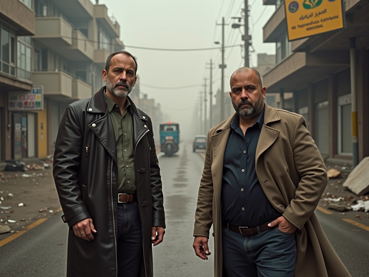 In a foggy Tehran city street, two men stand at the forefront, exuding confidence and intensity. The background depicts an abandoned urban landscape, hinting at a once-bustling area now in decay. Buildings loom on either side, adding to the oppressive, atmospheric feel of the place. Clad in dark, stylish jackets, the men symbolize power and tension, reminiscent of classic crime dramas. This scene evokes a sense of impending confrontation, reflecting themes of loyalty, betrayal, and survival in a gritty urban setting.