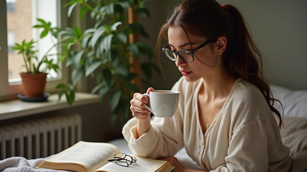 A relaxed individual enjoys a quiet morning with coffee and a book by a window, surrounded by lush indoor plants.