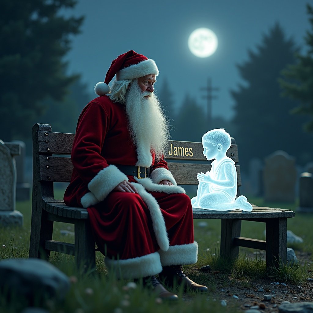 Father Christmas sitting on a cemetery bench. A boy spirit appears beside him. The bench has ‘James’ engraved. A full moon lights the scene.