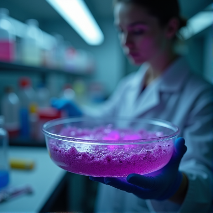 A scientist wearing gloves examines a glowing pink substance in a laboratory dish.