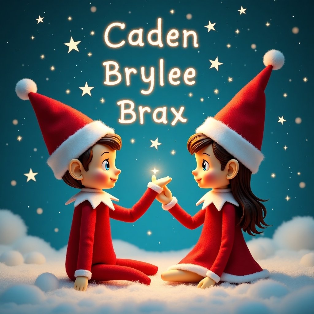 Picture of two elves seated in a snowy setting. One elf has short brown hair and wears a Santa outfit. The girl elf has long brown hair and wears a red dress. They hold a glowing star together. Written in the sky are the names Caden, Brylee, and Brax with sparkles around them.