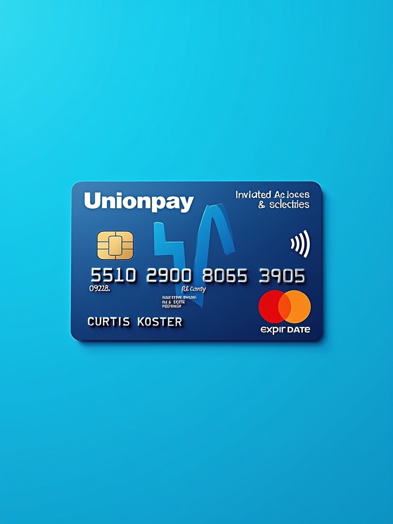 Realistic image of a credit card shows unionpay logo. Card number is visible. Name Curtis Koster presented clearly. Expiry date is displayed. Blue background enhances clean appearance.