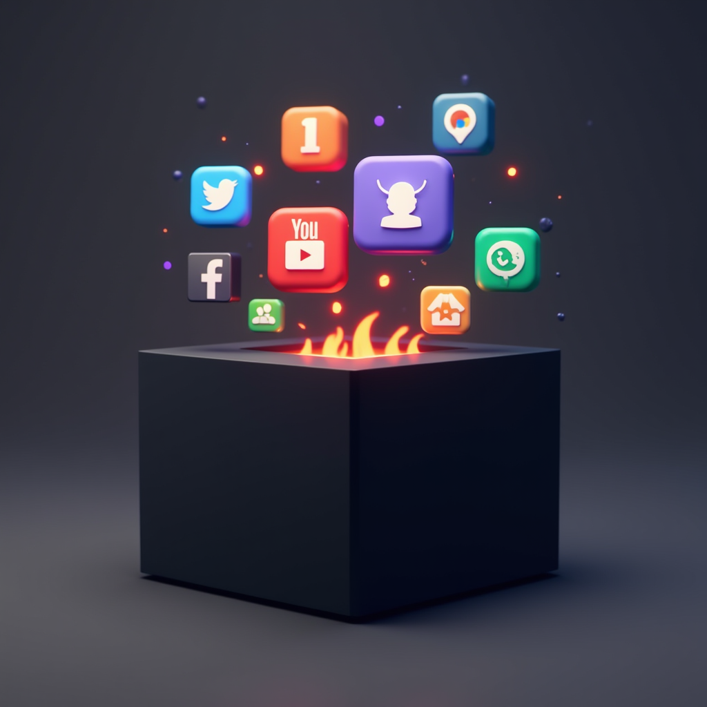 The image depicts a dramatic scene with a cube in the center from which flames are erupting. Above the cube, various colorful app icons are hovering in mid-air, suggesting a sense of chaos or digital overload. The background is dark, emphasizing the vibrant colors of the icons and the fiery elements. The icons represent popular social media and digital platforms, arranged in a somewhat scattered manner, possibly indicating the intense nature of digital life. The overall composition combines elements of technology and fire, creating a visually striking metaphor.