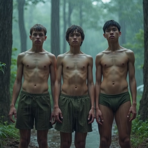 Three boy scouts 15 years old standing in the rain in a forest. Boys wearing only army-colored trunks. They appear cold and afraid.