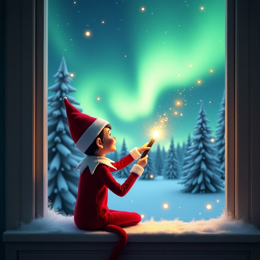 The image features an adorable elf on the shelf sitting on a window ledge. He has his back turned to the viewer, using a magical wand to create twinkling sparks. The elf is looking up at a stunning display of northern lights. The background is set in a winter wonderland, filled with snow-covered pine trees. Dressed in a vibrant red outfit with white trim, the elf embodies the Christmas spirit and the scene is illuminated by the enchanting colors of the aurora borealis.