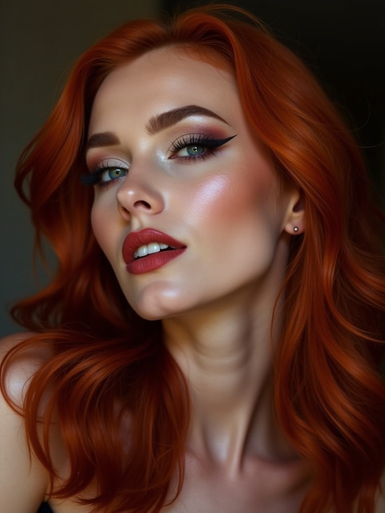 Captivating portrait of a woman with striking red hair and elegant makeup