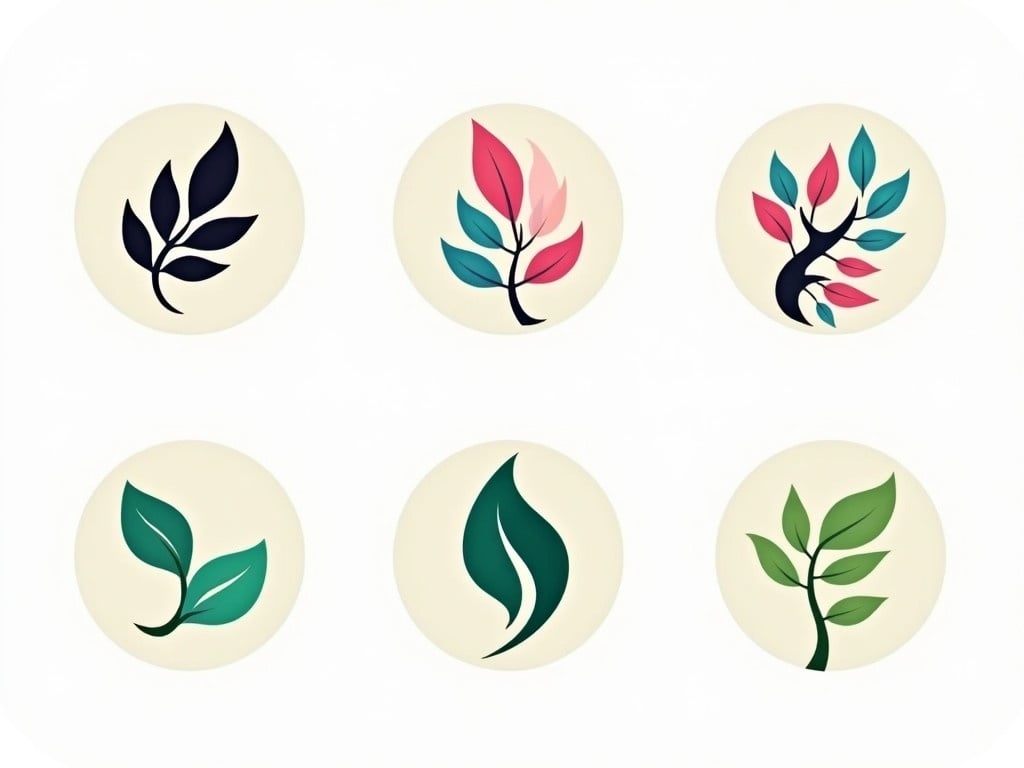 Stylized branches with leaves in circular designs arranged in two rows of three. Top left has a black branch with pink blue green leaves. Top middle features a multi-colored curved branch. Top right has a black branch with vibrant leaves. Bottom left is a green branch with uniform leaves. Bottom middle presents a dark green branch with subdued leaves. Bottom right shows a light green branch with bright leaves.