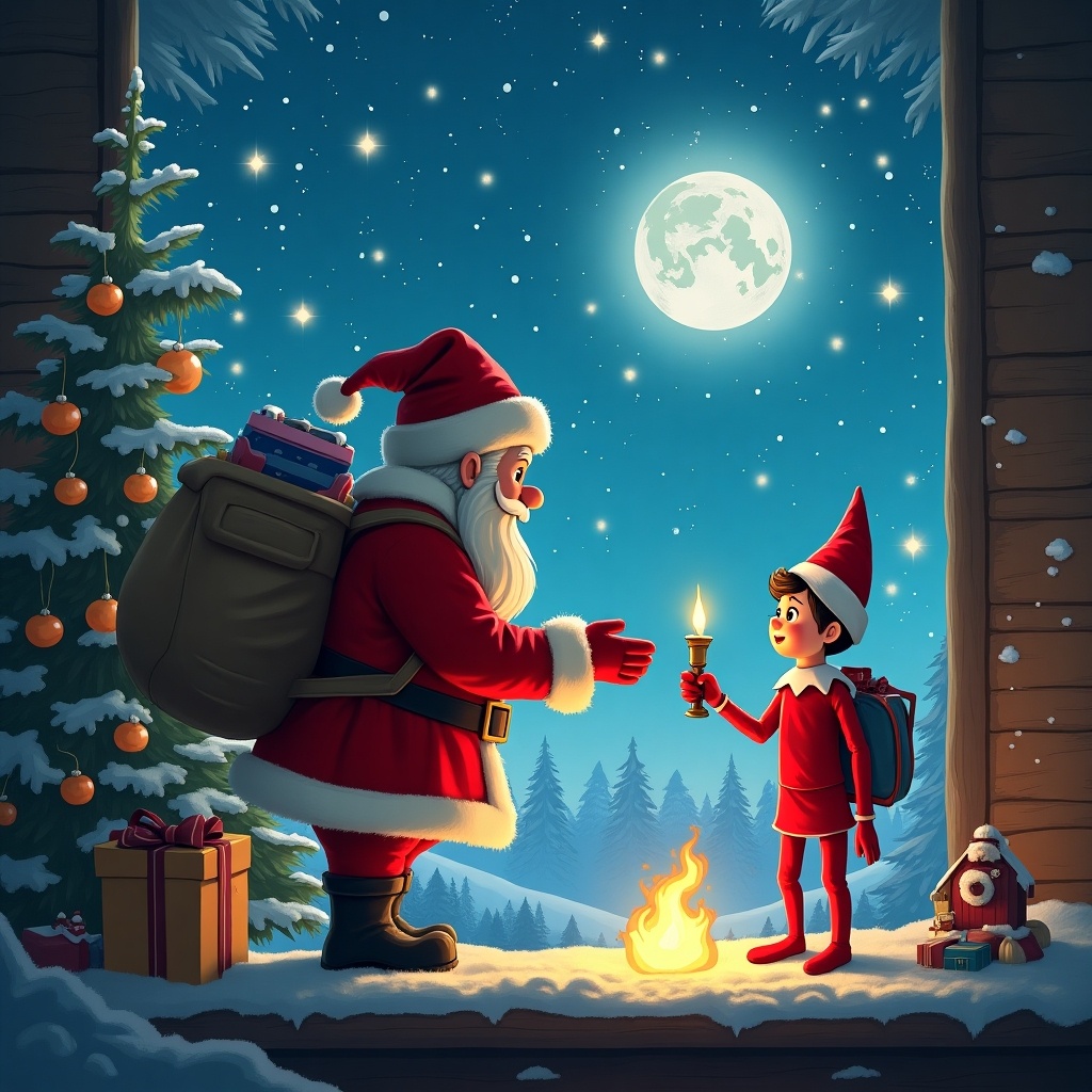 In a magical winter setting, Santa Claus meets a young elf named Keegan. They are surrounded by snow-covered trees, twinkling stars, and a bright full moon. Santa, adorned in his traditional red suit, carries a large bag filled with gifts. The elf, wearing a playful red outfit and a pointed hat, holds a glowing candle that adds warmth to the scene. Soft, golden light from a nearby fire illuminates their faces, capturing a moment of wonder and connection. The name 'KEEGAN' is subtly written in the moonlit sky, adding a personal touch to this enchanting holiday encounter.