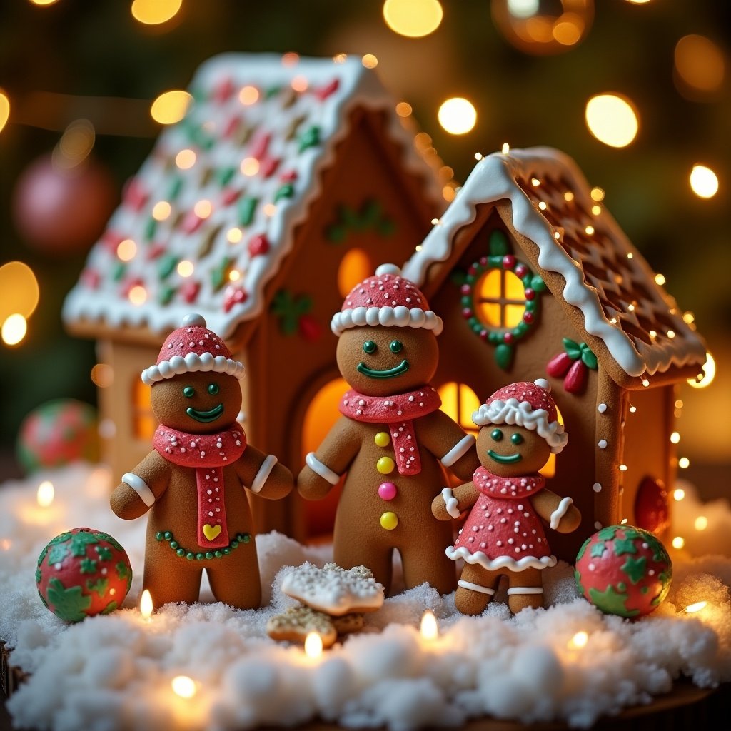 Gingerbread family made of cookies. Three figures in festive attire. Decorated gingerbread house in the background. Soft warm lighting and bokeh effects create a cozy holiday atmosphere.