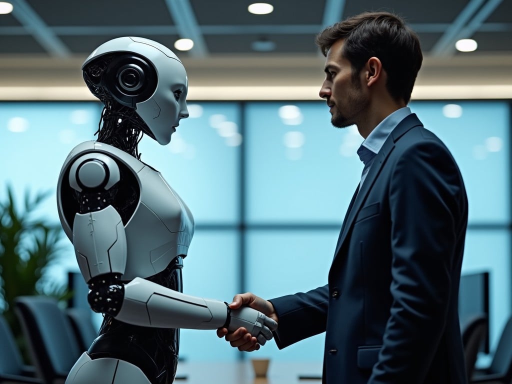 The image features a humanoid robot and a man engaging in a handshake. The robot has a sleek, futuristic design with a white and metallic finish, while the man is dressed in a dark suit. They stand against a blurred, modern office background, highlighting the professional context. This handshake symbolizes collaboration between humans and technology. The soft lighting enhances the modern atmosphere of the scene. Both figures are positioned to reflect mutual respect and partnership, which is indicative of the evolving relationship between technology and human roles.