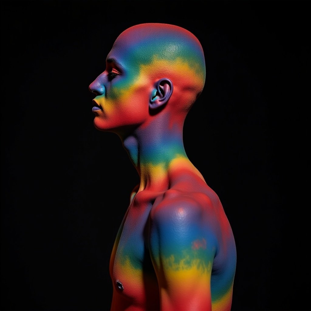 A person is covered in vivid rainbow-colored body paint against a dark background. Side profile view reveals detailed skin texture and vibrant colors. The contrast enhances artistic expression.