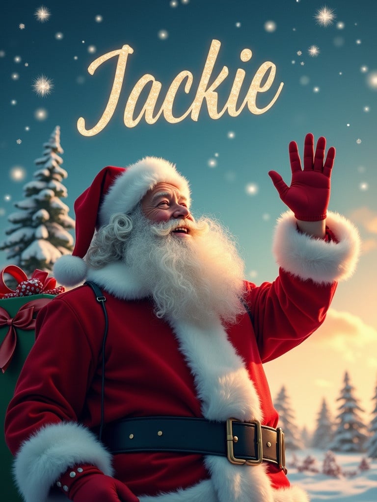 Santa Claus waving with Jackie named in the sky. Beautiful winter landscape with snow-covered trees. Cheerful holiday atmosphere. Evening light setting with stars shining.