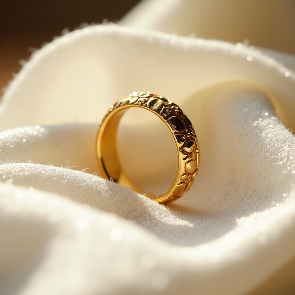 A gold ring with intricate carvings placed on elegant white fabric. Warm, natural lighting enhances its beauty.