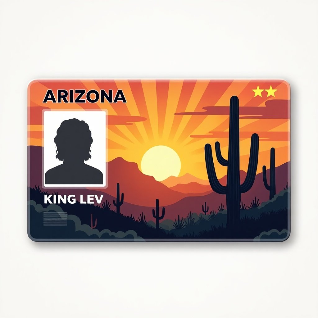 Design a state ID for Arizona with personal information. Showcase a vibrant sunset with cacti in the background. Use the name King Lev prominently. Include Arizona's name on the card.