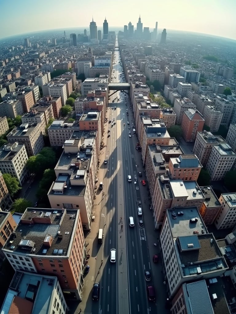 Aerial view of a busy city road surrounded by buildings. Detailed view of road networks and roofs captured from a fisheye point of view.