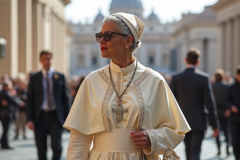 A 48-year-old woman of color dressed in papal attire walks through Saint Peter's Square in the Vatican. Bright sunlight illuminates the scene. Some people in the background are captured, adding vibrancy to the setting.