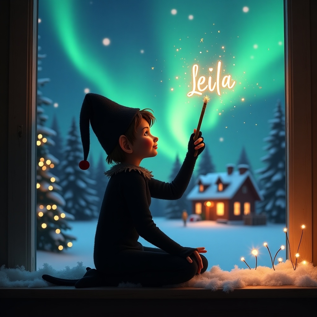 A female elf sits with back to viewer. Elf gazes skyward holding glowing wand. Colorful northern lights illuminate charming Christmas scene with a cozy house in the distance. Snow covers the ground. Name 'Leila' appears in the air from the wand.