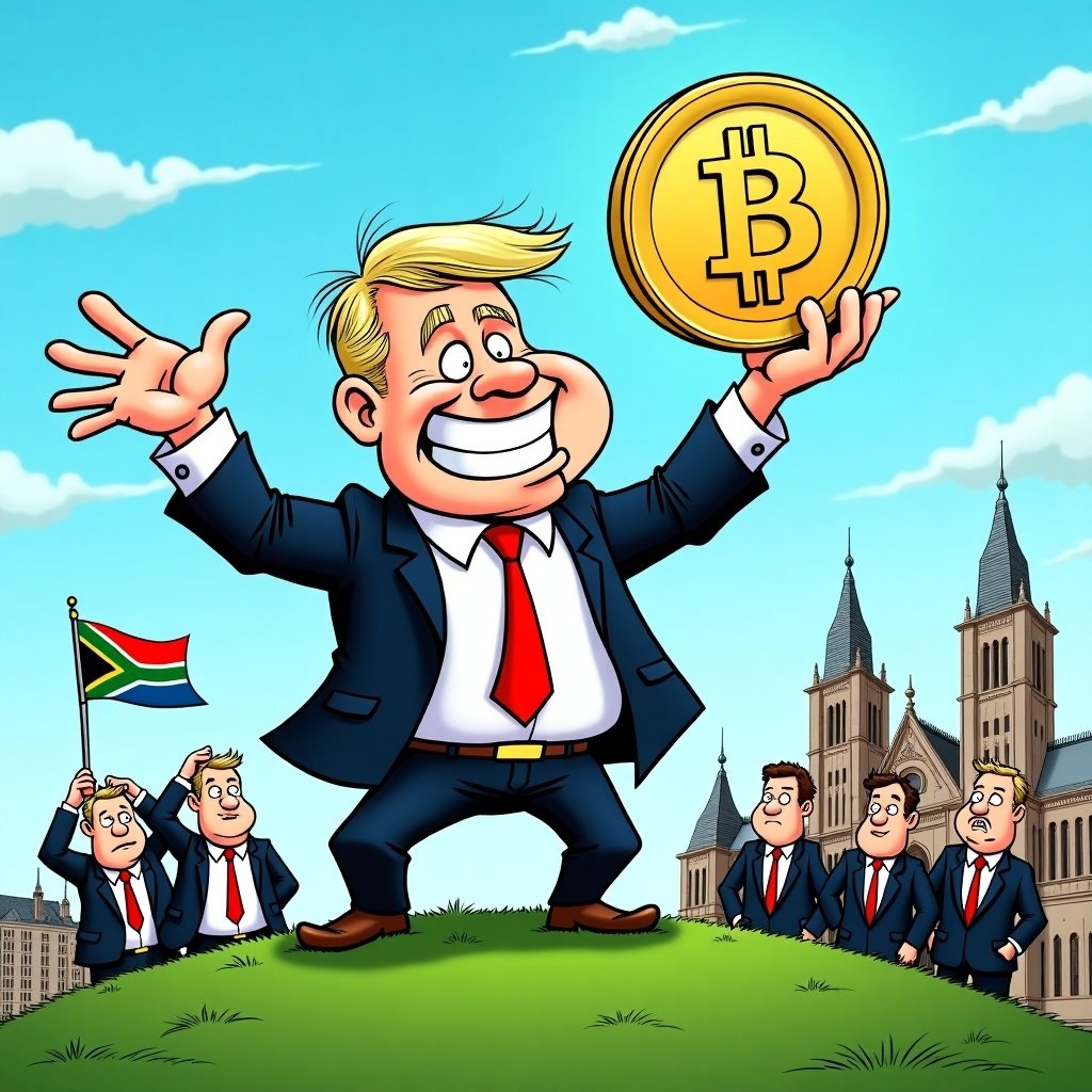 A political cartoon featuring a confident businessman holding a gold Bitcoin. The businessman has exaggerated features, such as a large jawline and a toothy grin, emphasizing smug confidence. He stands on a green platform with the Union Buildings in the background, accompanied by confused government officials.