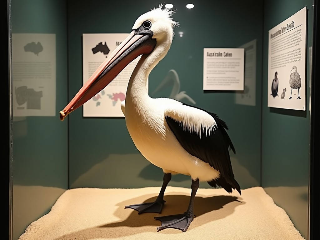 The image shows a taxidermy display of an Australian pelican inside a glass case. The pelican is positioned to stand upright on a simulated sandy terrain. Display cards in the background provide information about the species, including an image and map of its native region. The pelican's distinctive large bill and black and white feathers are clearly visible. This educational exhibit seems to aim at informing visitors about the characteristics and habitat of the pelican.