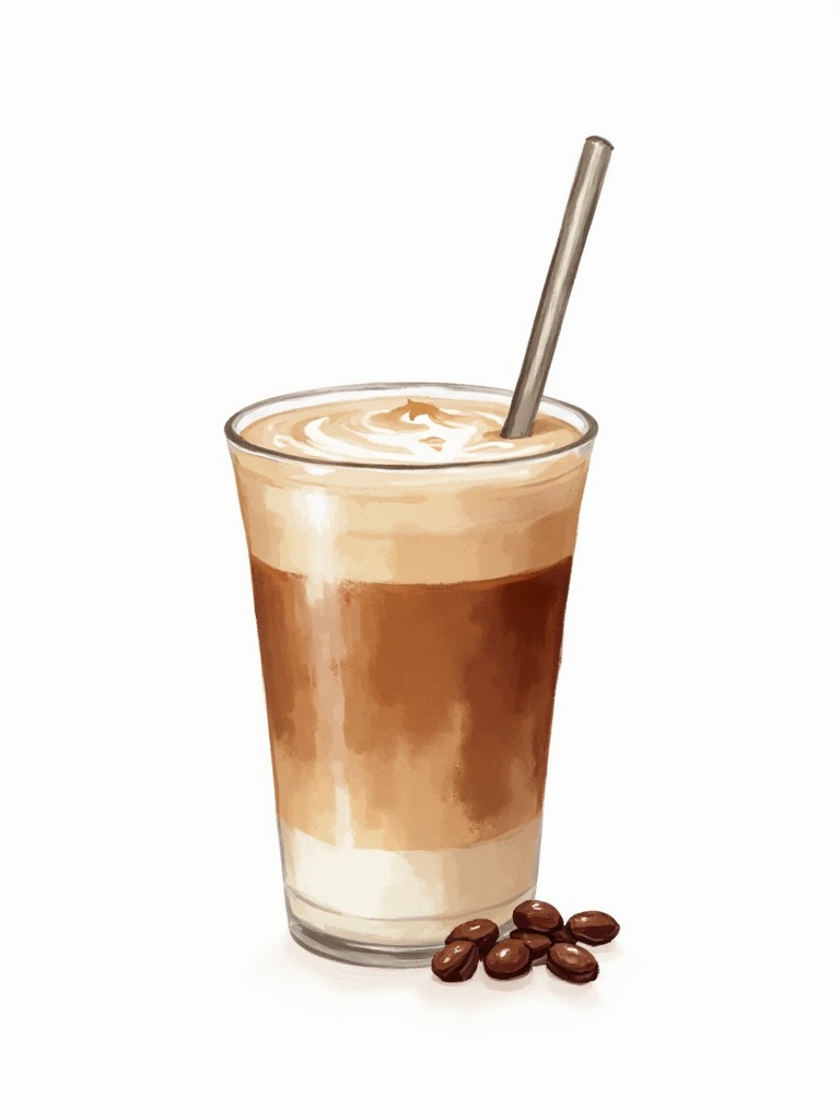 Watercolor illustration of iced coffee in a tall glass with a metallic straw. Light reflects off glass. Three coffee beans sit below the glass. Bright white background.