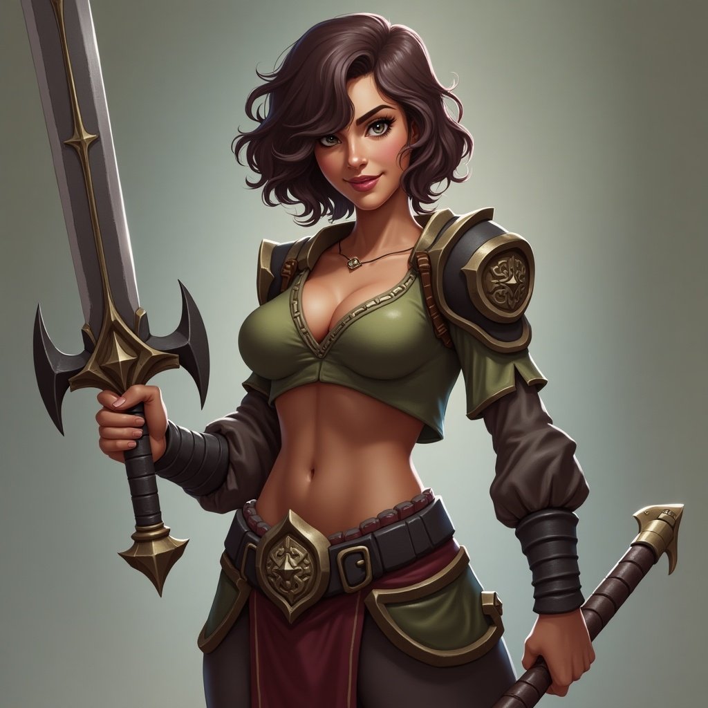 Female character from 'Arcane: League of Legends' with brown hair and hazel eyes in Zaun style holding a sword