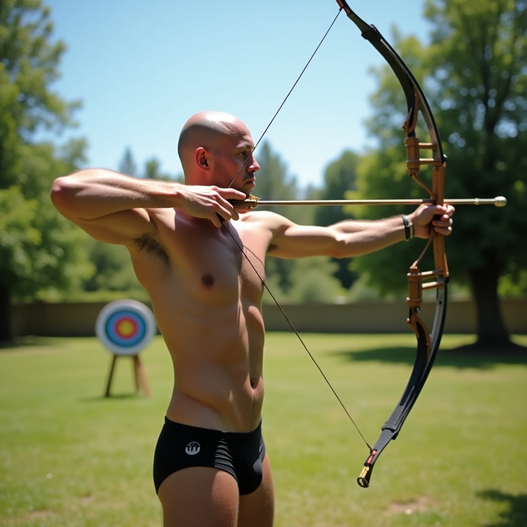 A man practicing archery outdoors. He is bald and wearing speedos. The background has trees and a target.