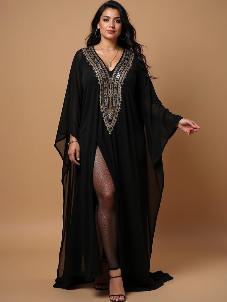 Moroccan woman wears black kaftan with silver embellishments. The kaftan is flowing and elegant. The model is curvy. She showcases her beautiful feet in stylish shoes. Background is a warm neutral tone.