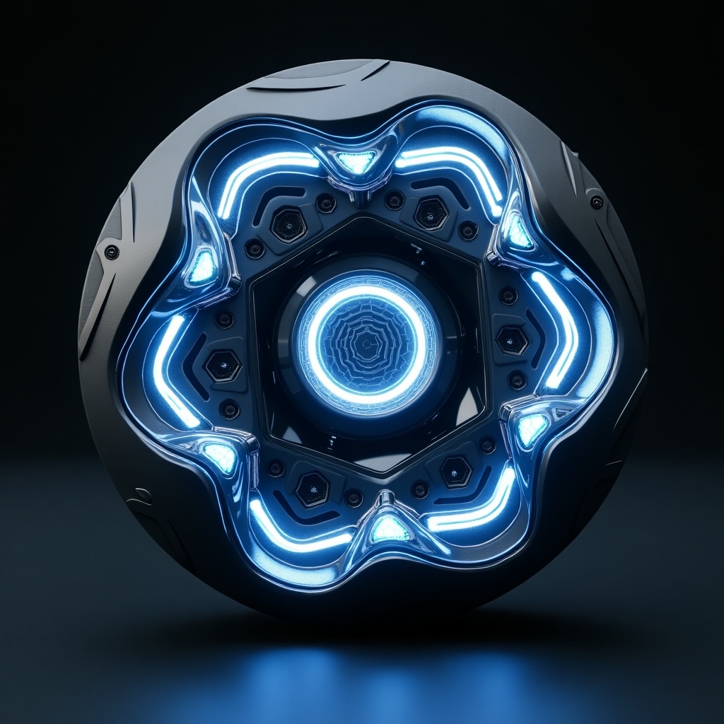 A high-tech futuristic car headlight designed for an off-road vehicle. Headlight shaped like an angular and asymmetrical polygon. Features glowing blue edges. Metallic casing with intricate details. Hexagonal pattern inside glass. Central circular glowing element. Sleek contours. Modern aesthetic. Light emanates subtly. Designed for rugged and modern off-road vehicle.