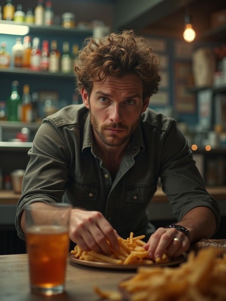 A frustrated young adult sits at a table looking at a plate of fries. Warm lighting creates a cozy atmosphere. A drink sits nearby. It illustrates disappointment over a food shortage.