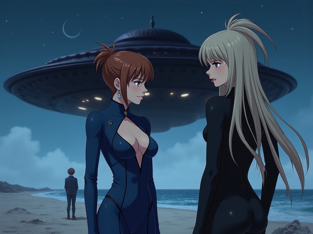 Two women in sleek suits stand on a moonlit beach with a UFO hovering above.