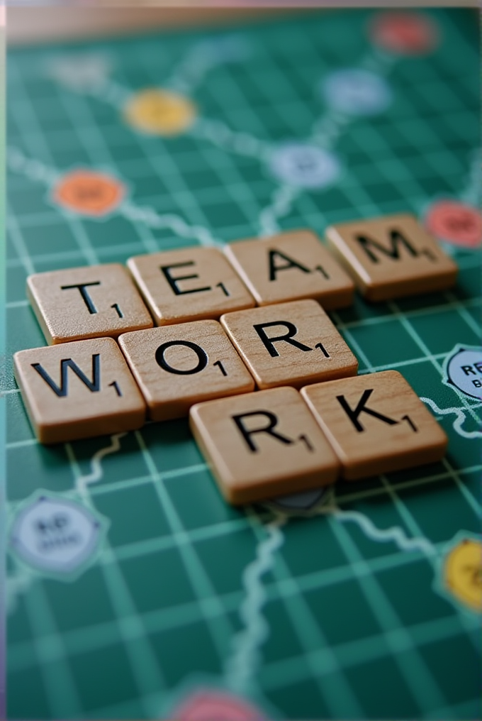 Wooden letter tiles spell 'TEAM WORK' on a green board game map background with interconnected lines and shapes.