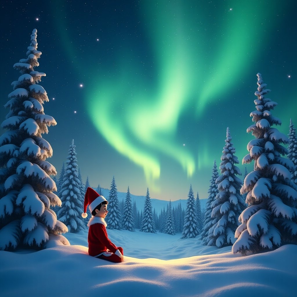 Elf with Santa hat sitting in snow. Aurora borealis lights up the night sky. Snow-covered trees surround the elf.