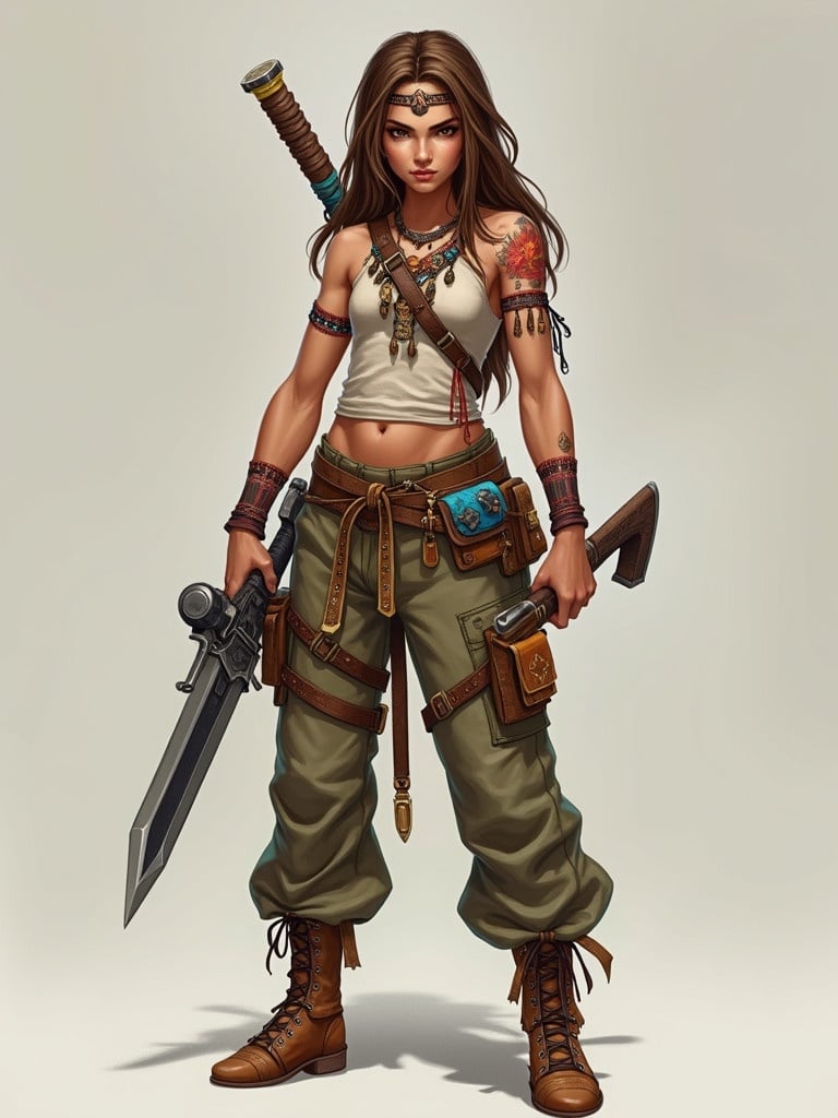 Character features light brown hair dark brown eyes serious expression. Wears cargo pants with colorful details. Holds various weapons. Character design includes fantasy elements.