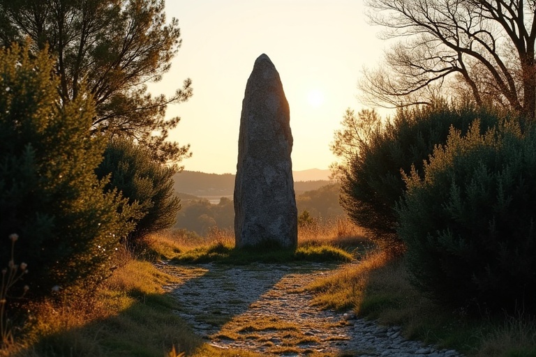 Menhir made of dark granite standing 2 meters high. Surrounding dense shrubs create a framed view. Ground is stony with sparse wild herbs. Southern French landscape in evening light during early spring. Last rays of sunlight illuminate the dark stone.