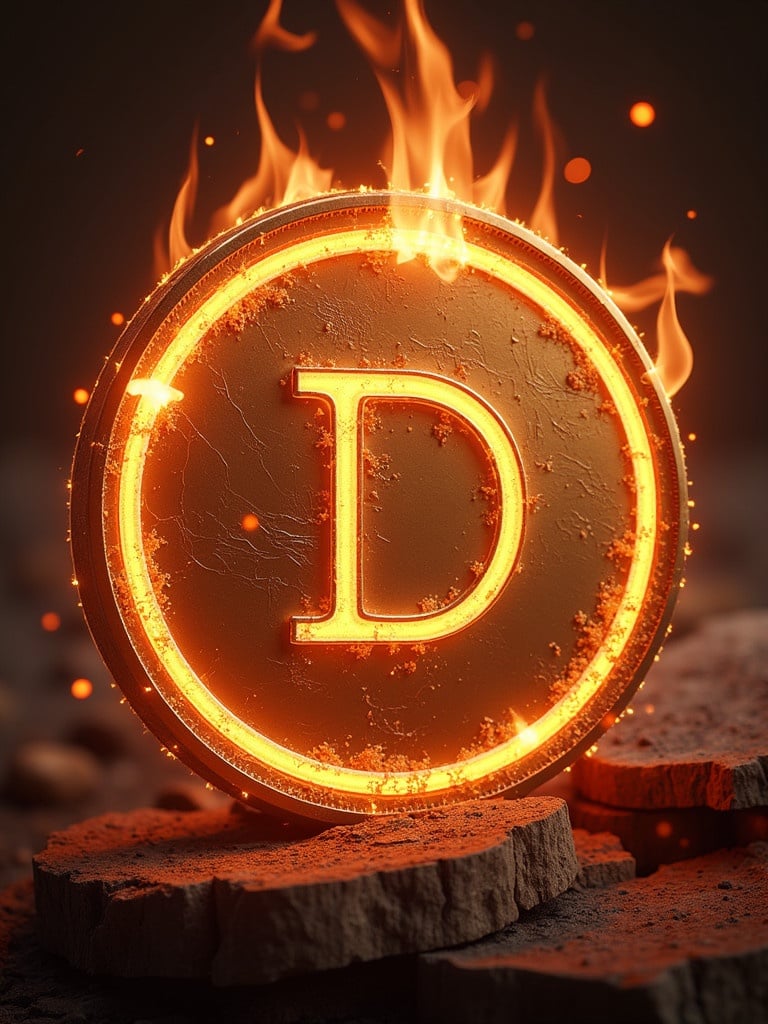 A fiery and thrilling representation of a meme coin called DEGEN DINASTY. A glowing coin with the letter D in the center is placed on textured rocks, surrounded by animated flames. The environment is dark and dramatic to enhance the effect of fire and light.