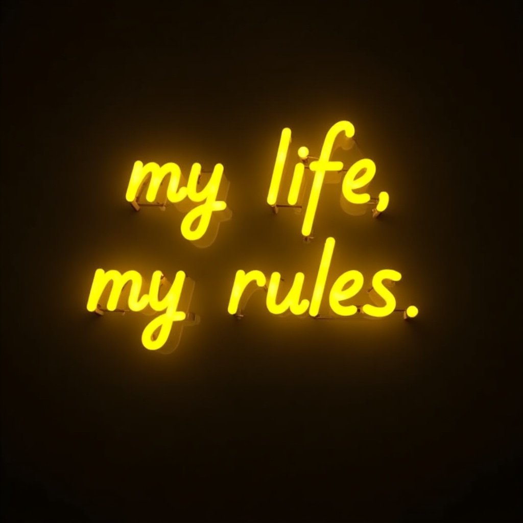 Yellow neon sign displaying the phrase 'my life, my rules'. Bright and glowing against a dark background. Modern design for decoration.