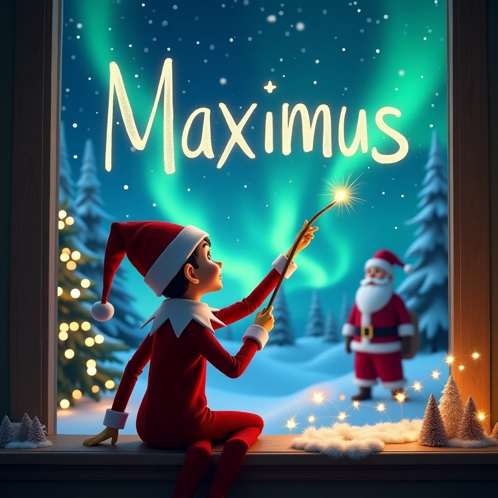 Elf on the shelf facing the sky with a wand writing names in the night sky. Background includes magical Christmas scenery with northern lights and Santa Claus. Names written include Maximus, Braelyn, Severigh, Madilyn.